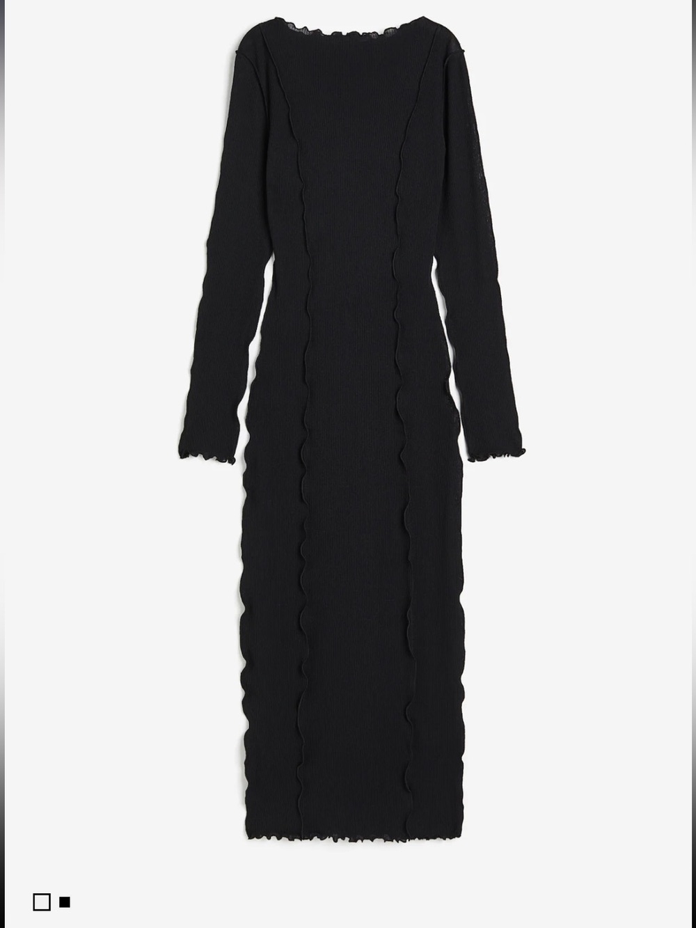 H&M Black Ribbed Scalloped-Trim Long Sleeve Midi Dress, sheer material